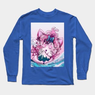 Pink cat hugging Mount Fuji in the wave off Kanagawa Long Sleeve T-Shirt